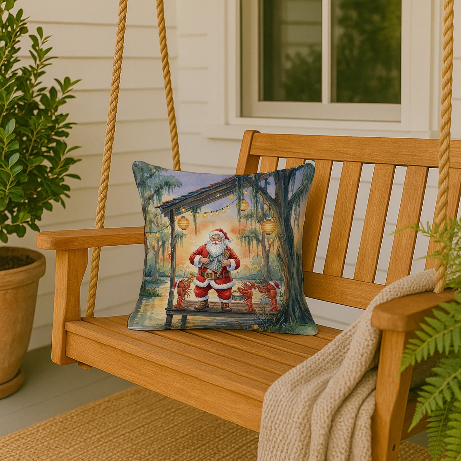 Cajun Santa Claus and the Crawfish Band Christmas Decorative Throw Pillow 18x18 Indoor Outdoor Accent Cushion, Fabric Cover with Insert for Sofa, Bed, Porch & Living Room