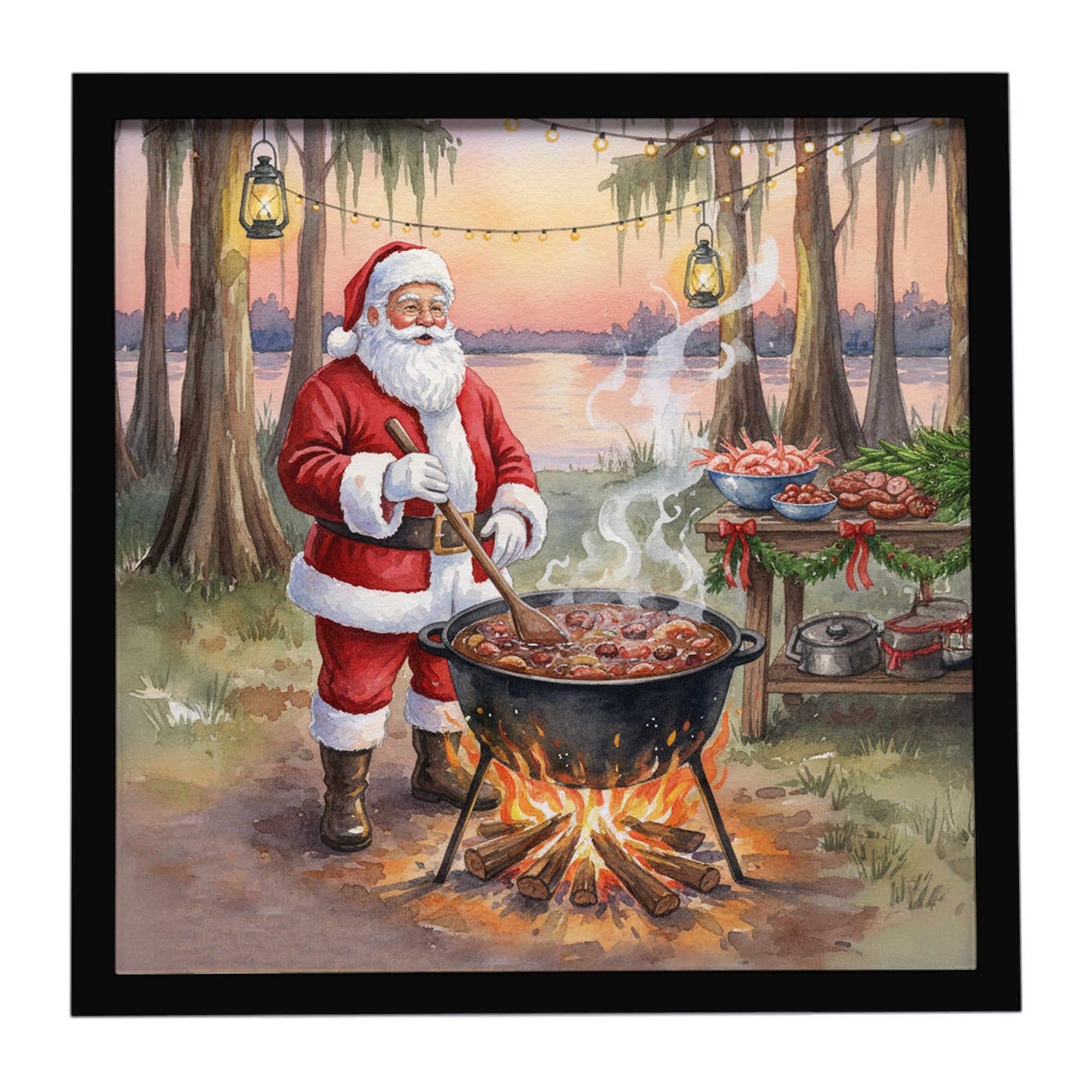 Cajun Santa Claus Cooking Gumbo Christmas Framed Metal Print Bathroom, Kitchen, Office, Home Decor Wall Art Ready to Hang, Square, 8X8