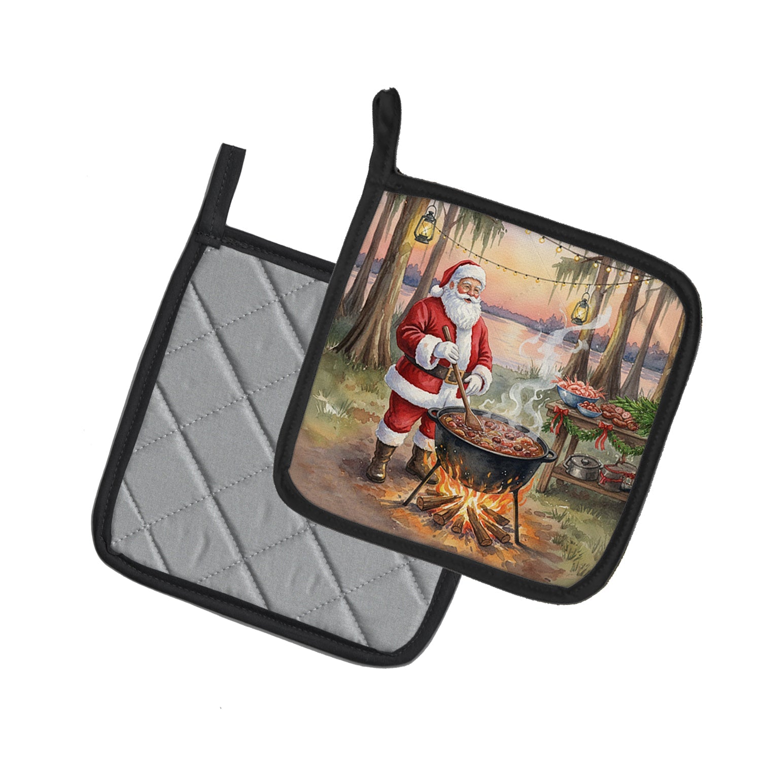 Cajun Santa Claus Cooking Gumbo Christmas Pot Holder Set of 2 Heat Resistant Quilted Hot Pads 7.5 x 7.5 Inch, Insulated Kitchen Trivets for Cooking & Baking