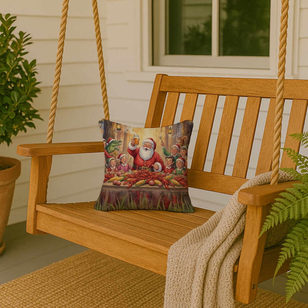 Cajun Santa Claus Crawfish Boil Christmas Decorative Throw Pillow 14x14 Indoor Outdoor Accent Cushion, Fabric Cover with Insert for Sofa, Bed, Porch & Living Room
