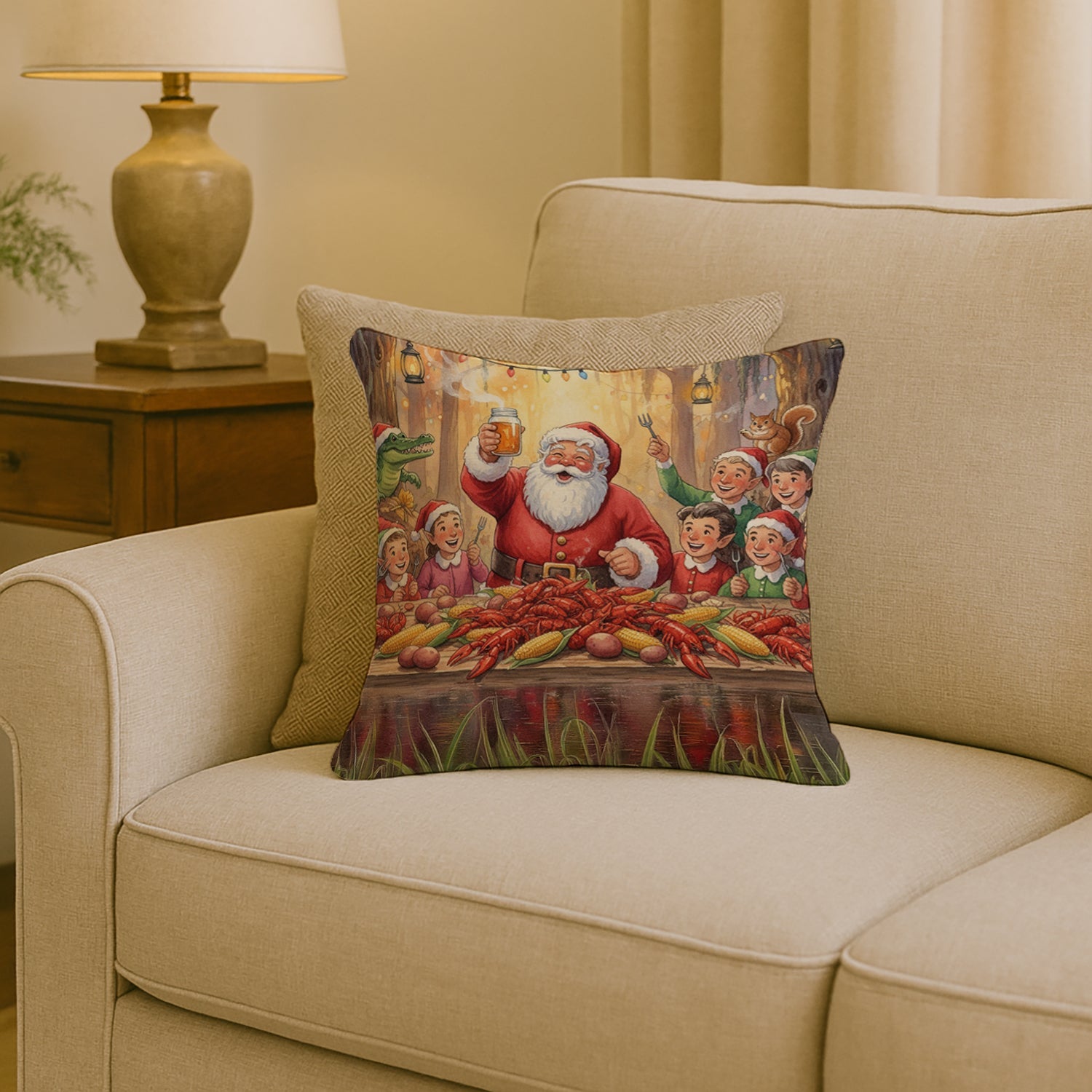 Cajun Santa Claus Crawfish Boil Christmas Decorative Throw Pillow 18x18 Indoor Outdoor Accent Cushion, Fabric Cover with Insert for Sofa, Bed, Porch & Living Room