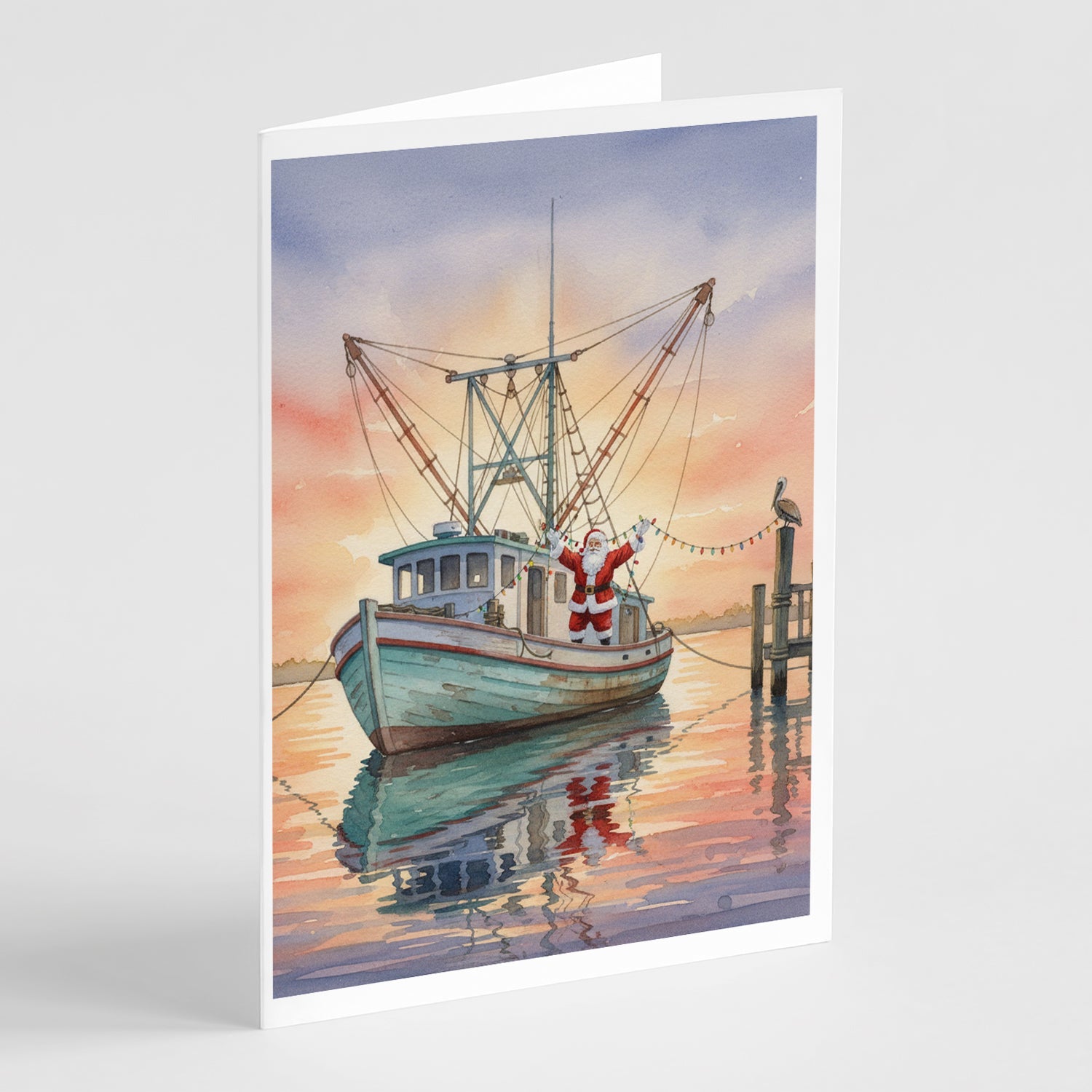 Cajun Santa Claus Decorating a Shrimp Boat Christmas Greeting Cards Pack of 8 Blank Cards with Envelopes Whimsical A7 Size 5x7