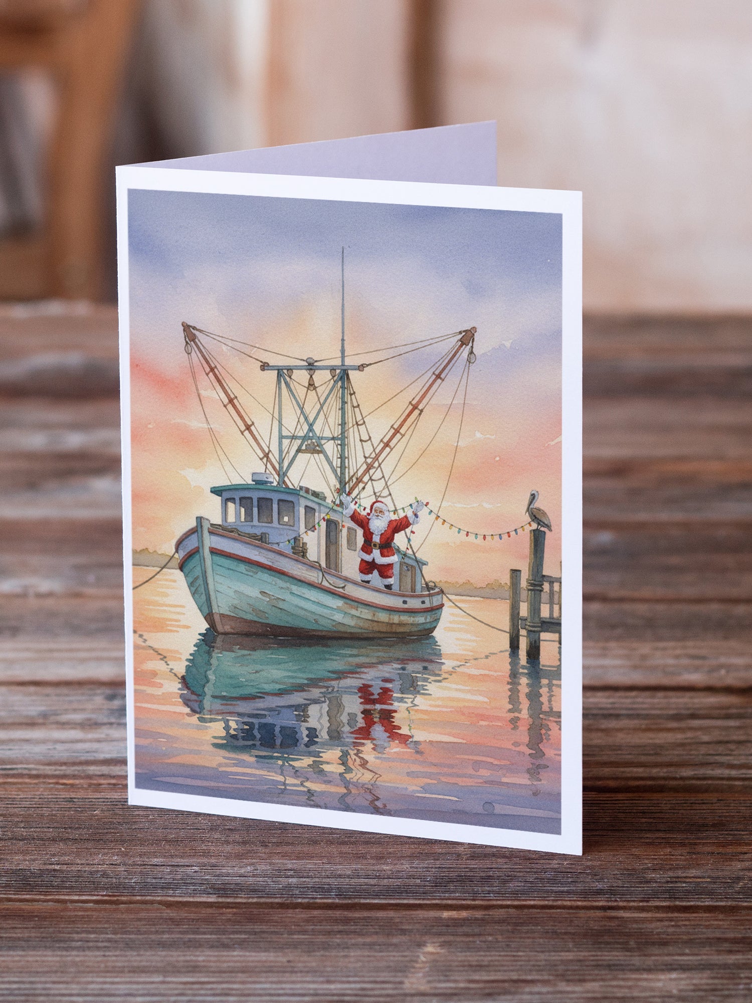 Cajun Santa Claus Decorating a Shrimp Boat Christmas Greeting Cards Pack of 8 Blank Cards with Envelopes Whimsical A7 Size 5x7