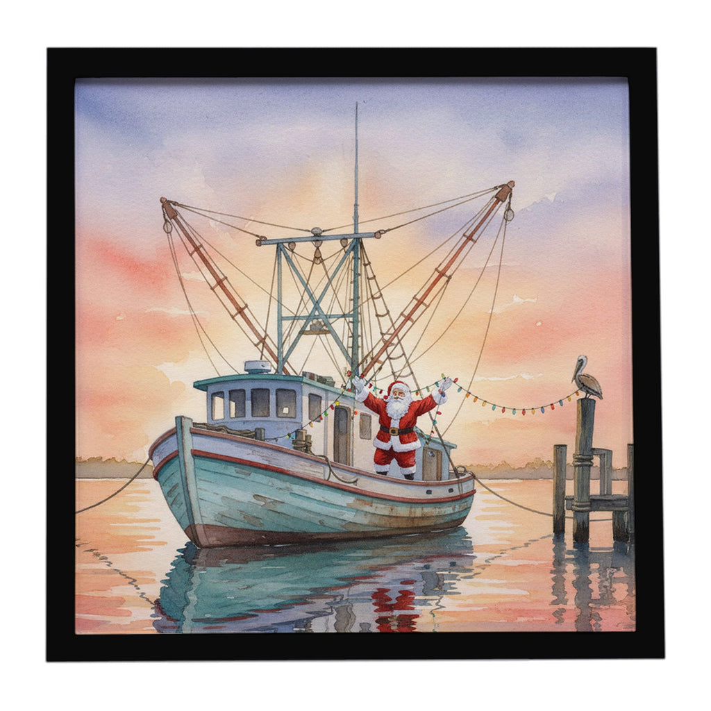 Cajun Santa Claus Decorating a Shrimp Boat Christmas Framed Metal Print Bathroom, Kitchen, Office, Home Decor Wall Art Ready to Hang, Square, 8X8