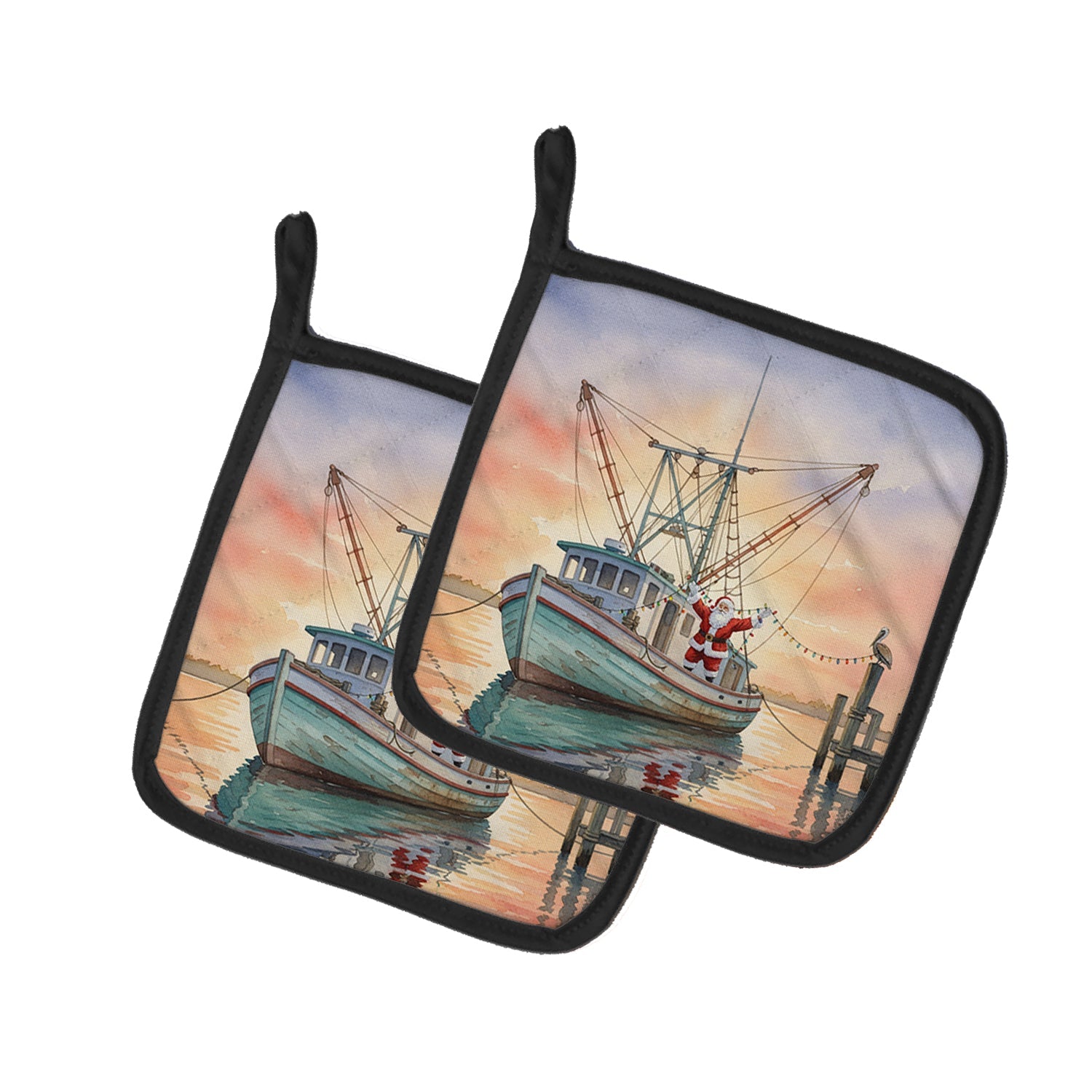 Cajun Santa Claus Decorating a Shrimp Boat Christmas Pot Holder Set of 2 Heat Resistant Quilted Hot Pads 7.5 x 7.5 Inch, Insulated Kitchen Trivets for Cooking & Baking