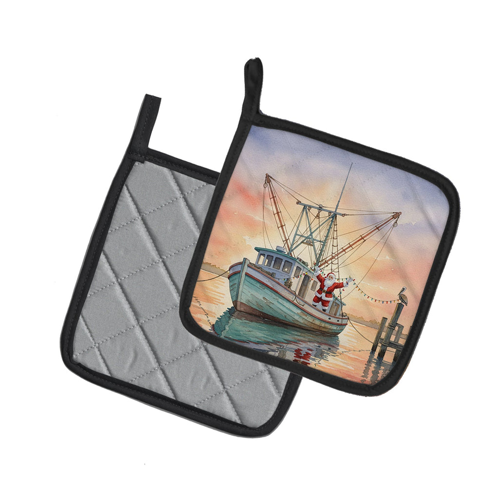 Cajun Santa Claus Decorating a Shrimp Boat Christmas Pot Holder Set of 2 Heat Resistant Quilted Hot Pads 7.5 x 7.5 Inch, Insulated Kitchen Trivets for Cooking & Baking