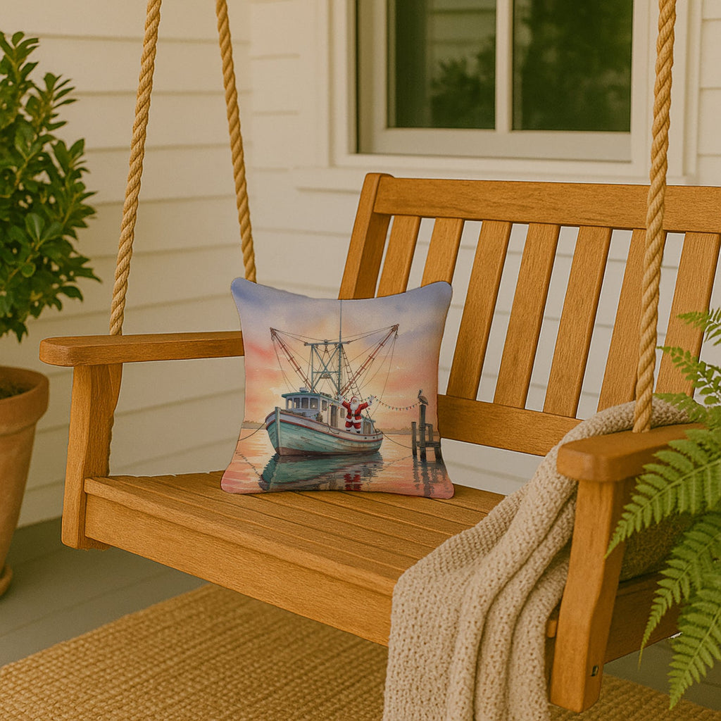 Cajun Santa Claus Decorating a Shrimp Boat Christmas Decorative Throw Pillow 14x14 Indoor Outdoor Accent Cushion, Fabric Cover with Insert for Sofa, Bed, Porch & Living Room