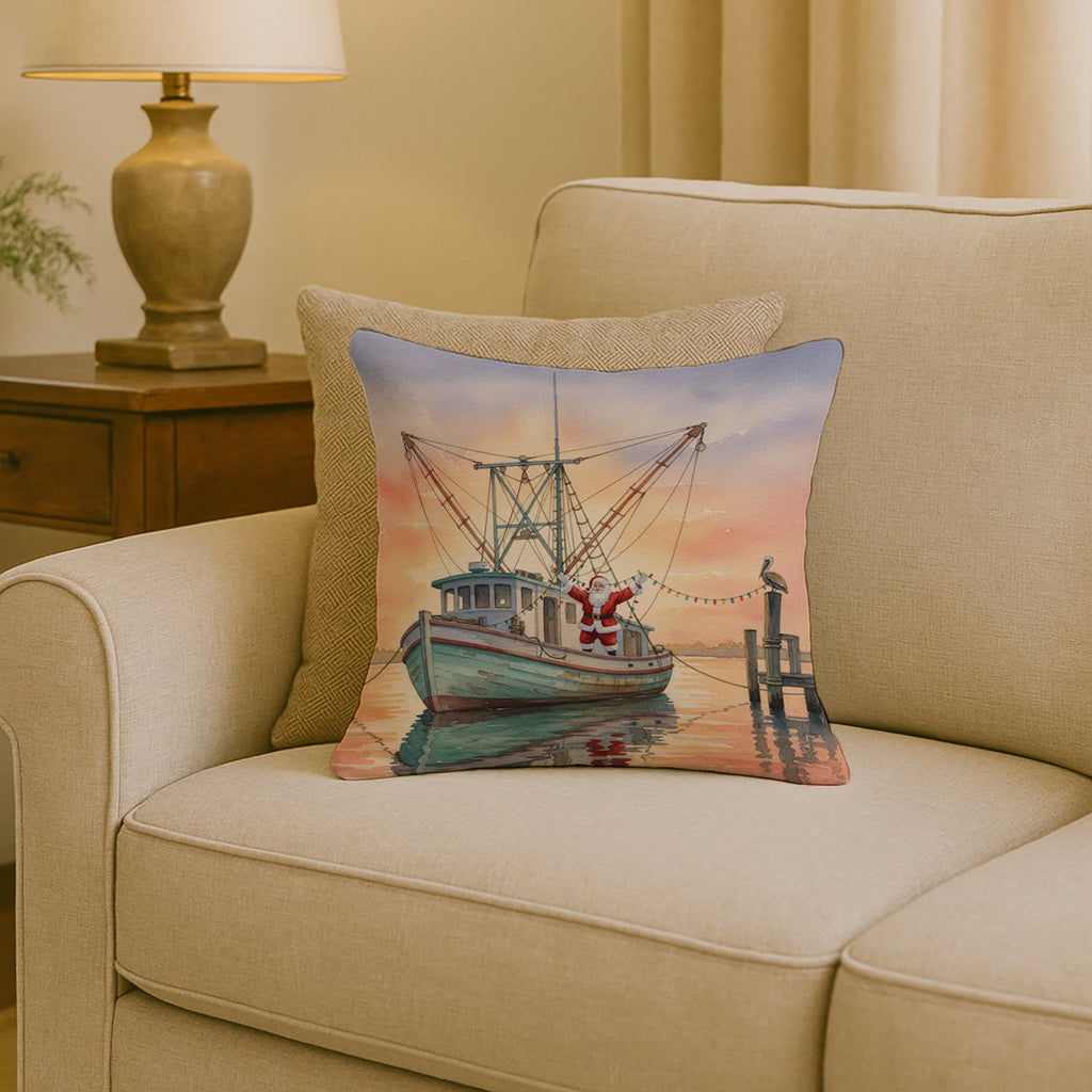 Cajun Santa Claus Decorating a Shrimp Boat Christmas Decorative Throw Pillow 18x18 Indoor Outdoor Accent Cushion, Fabric Cover with Insert for Sofa, Bed, Porch & Living Room