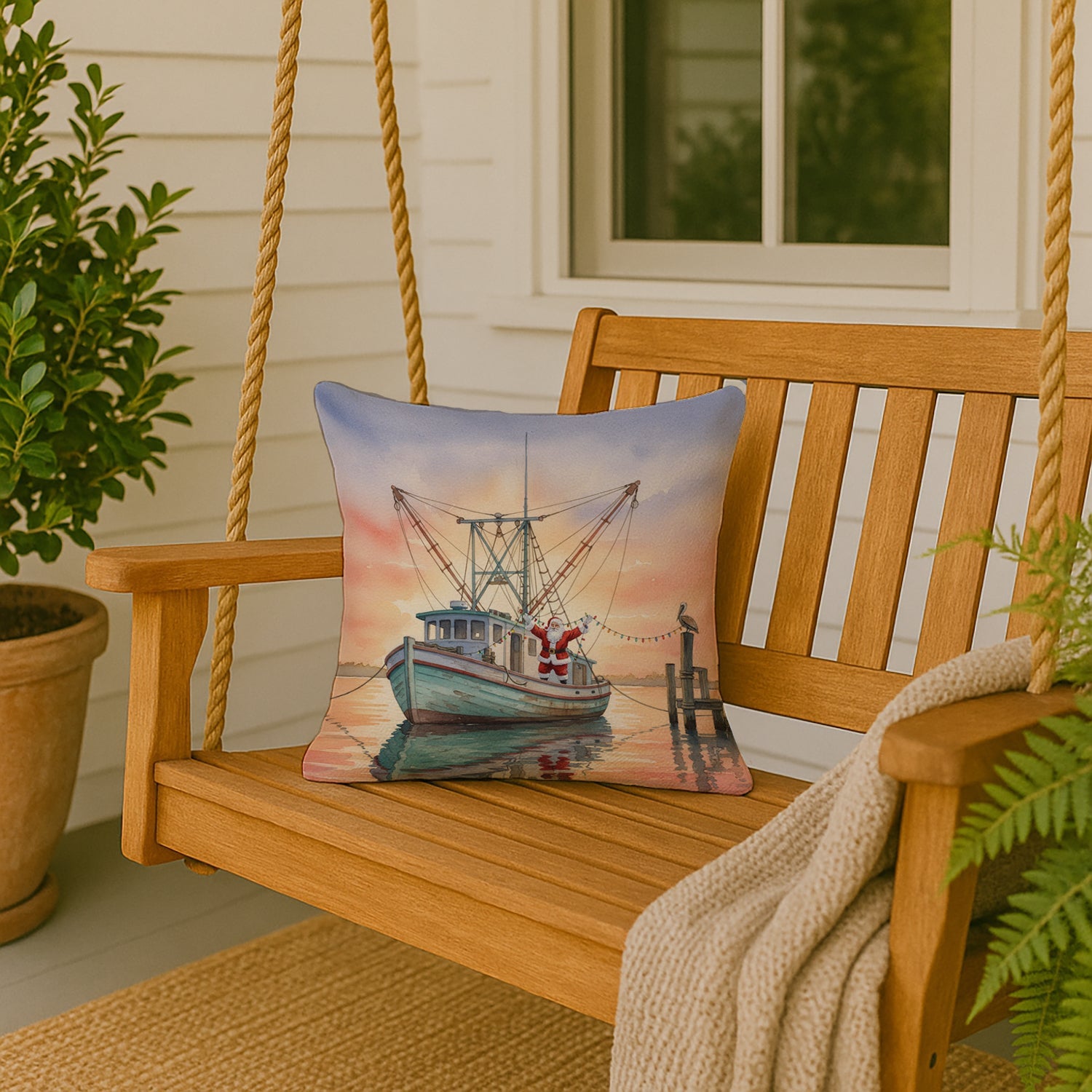 Cajun Santa Claus Decorating a Shrimp Boat Christmas Decorative Throw Pillow 18x18 Indoor Outdoor Accent Cushion, Fabric Cover with Insert for Sofa, Bed, Porch & Living Room