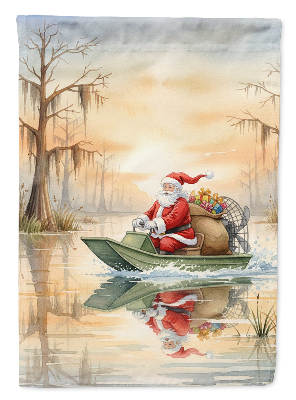 Cajun Santa Claus Delivering Gifts by Airboat Christmas House Flag 28x40 Porch Sleeve Pole Decorative Outside Yard Banner Artwork Wall Hanging, Polyester