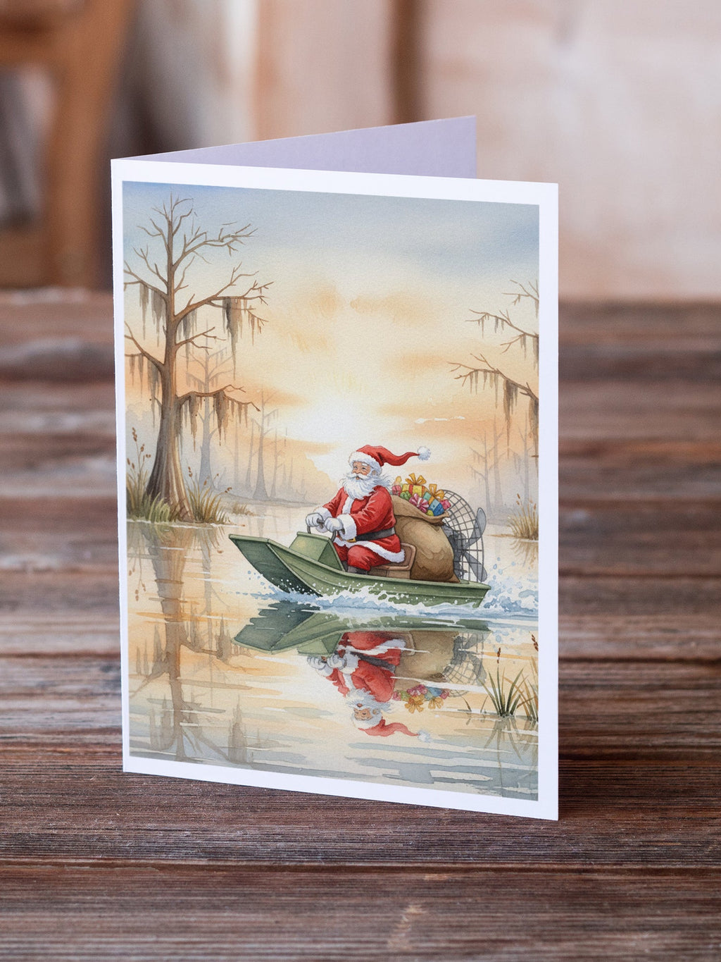 Cajun Santa Claus Delivering Gifts by Airboat Christmas Greeting Cards Pack of 8 Blank Cards with Envelopes Whimsical A7 Size 5x7