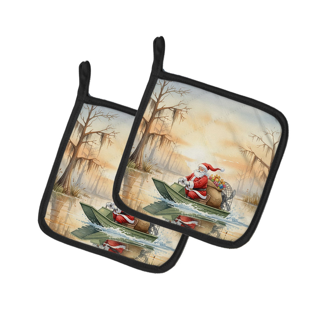 Cajun Santa Claus Delivering Gifts by Airboat Christmas Pot Holder Set of 2 Heat Resistant Quilted Hot Pads 7.5 x 7.5 Inch, Insulated Kitchen Trivets for Cooking & Baking