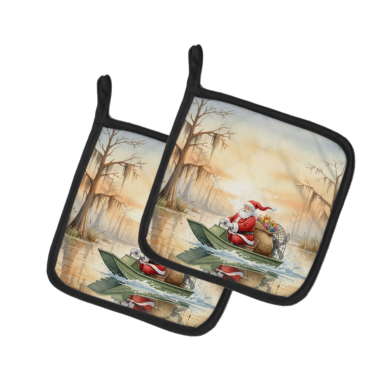 Cajun Santa Claus Delivering Gifts by Airboat Christmas Pot Holder Set of 2 Heat Resistant Quilted Hot Pads 7.5 x 7.5 Inch, Insulated Kitchen Trivets for Cooking & Baking