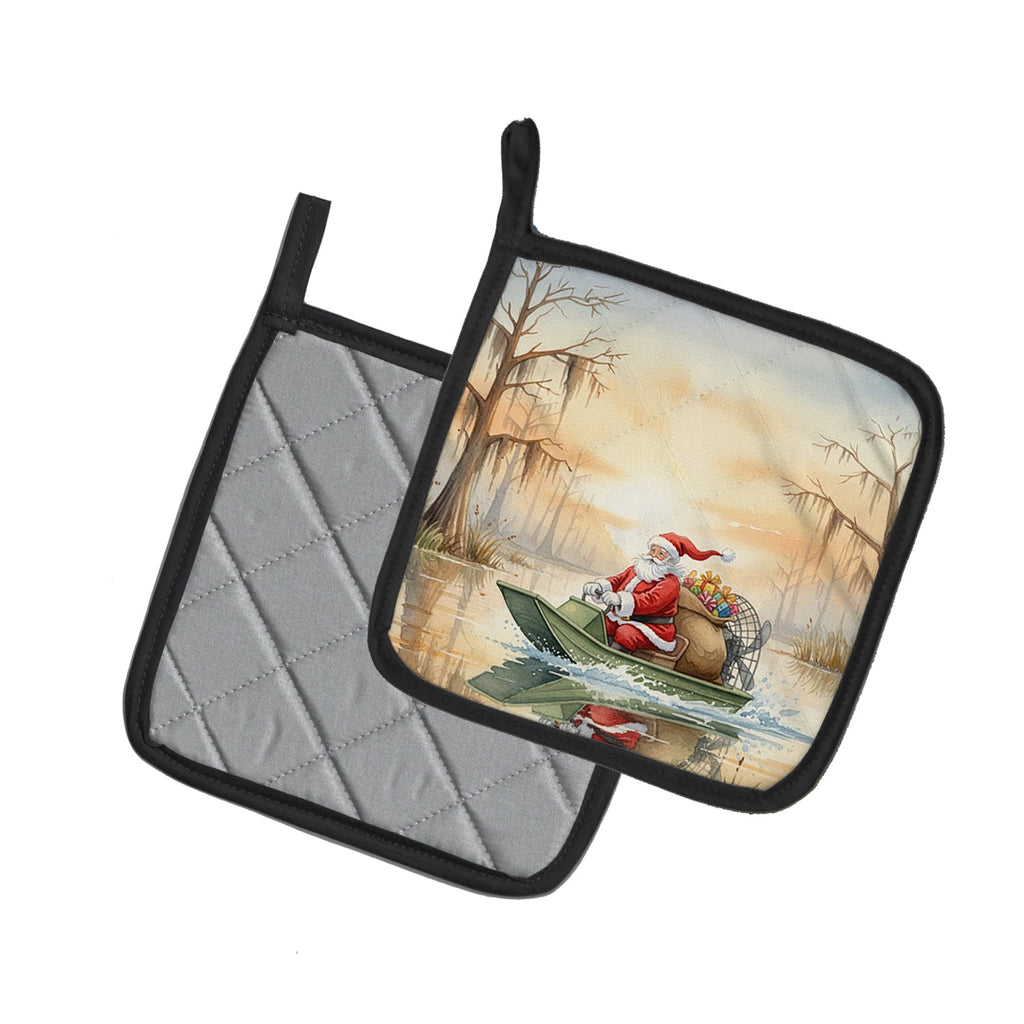 Cajun Santa Claus Delivering Gifts by Airboat Christmas Pot Holder Set of 2 Heat Resistant Quilted Hot Pads 7.5 x 7.5 Inch, Insulated Kitchen Trivets for Cooking & Baking