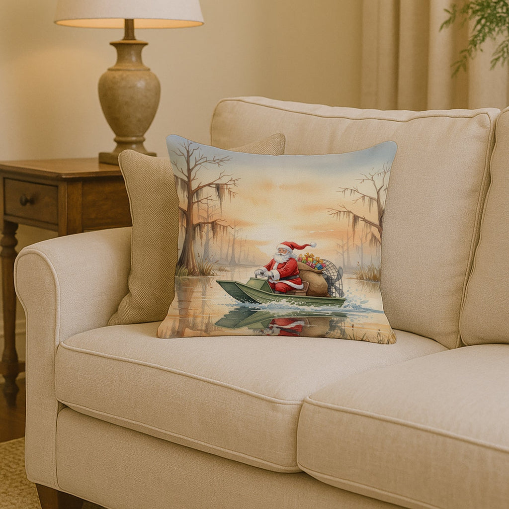 Cajun Santa Claus Delivering Gifts by Airboat Christmas Decorative Throw Pillow 14x14 Indoor Outdoor Accent Cushion, Fabric Cover with Insert for Sofa, Bed, Porch & Living Room