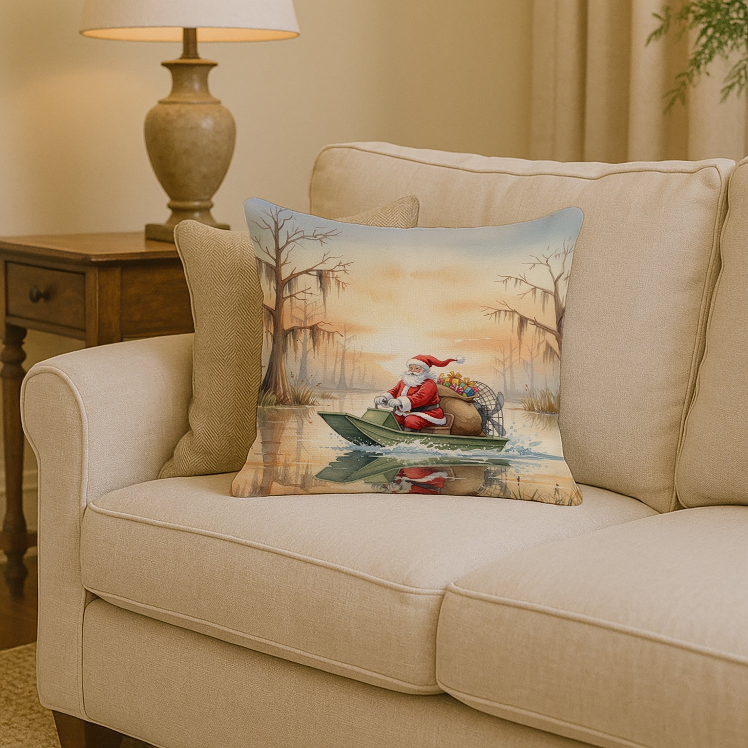 Cajun Santa Claus Delivering Gifts by Airboat Christmas Decorative Throw Pillow 14x14 Indoor Outdoor Accent Cushion, Fabric Cover with Insert for Sofa, Bed, Porch & Living Room