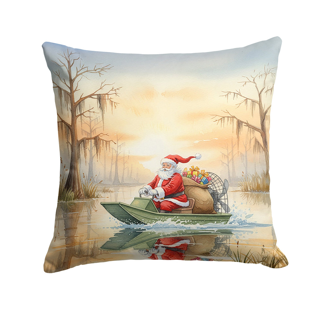 Cajun Santa Claus Delivering Gifts by Airboat Christmas Decorative Throw Pillow 18x18 Indoor Outdoor Accent Cushion, Fabric Cover with Insert for Sofa, Bed, Porch & Living Room