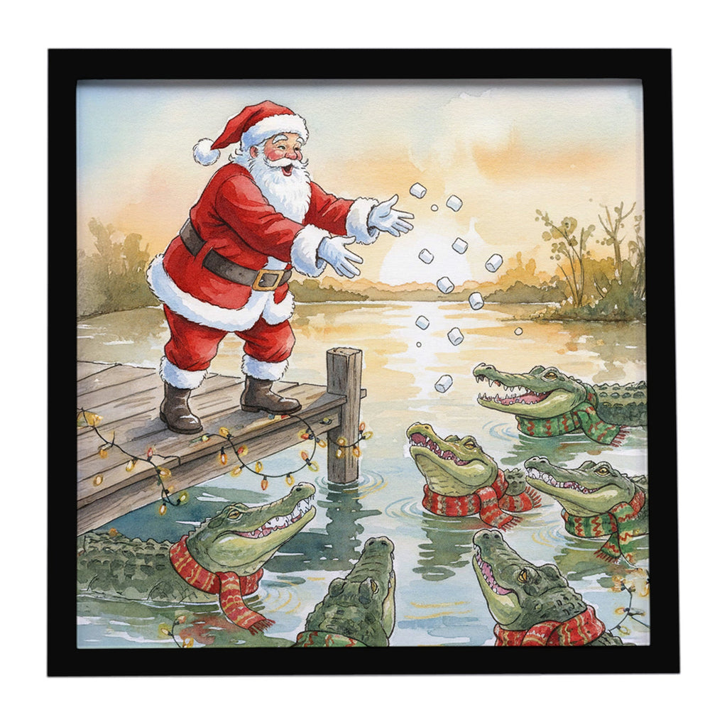 Cajun Santa Claus Feeding the Gators Christmas Framed Metal Print Bathroom, Kitchen, Office, Home Decor Wall Art Ready to Hang, Square, 8X8