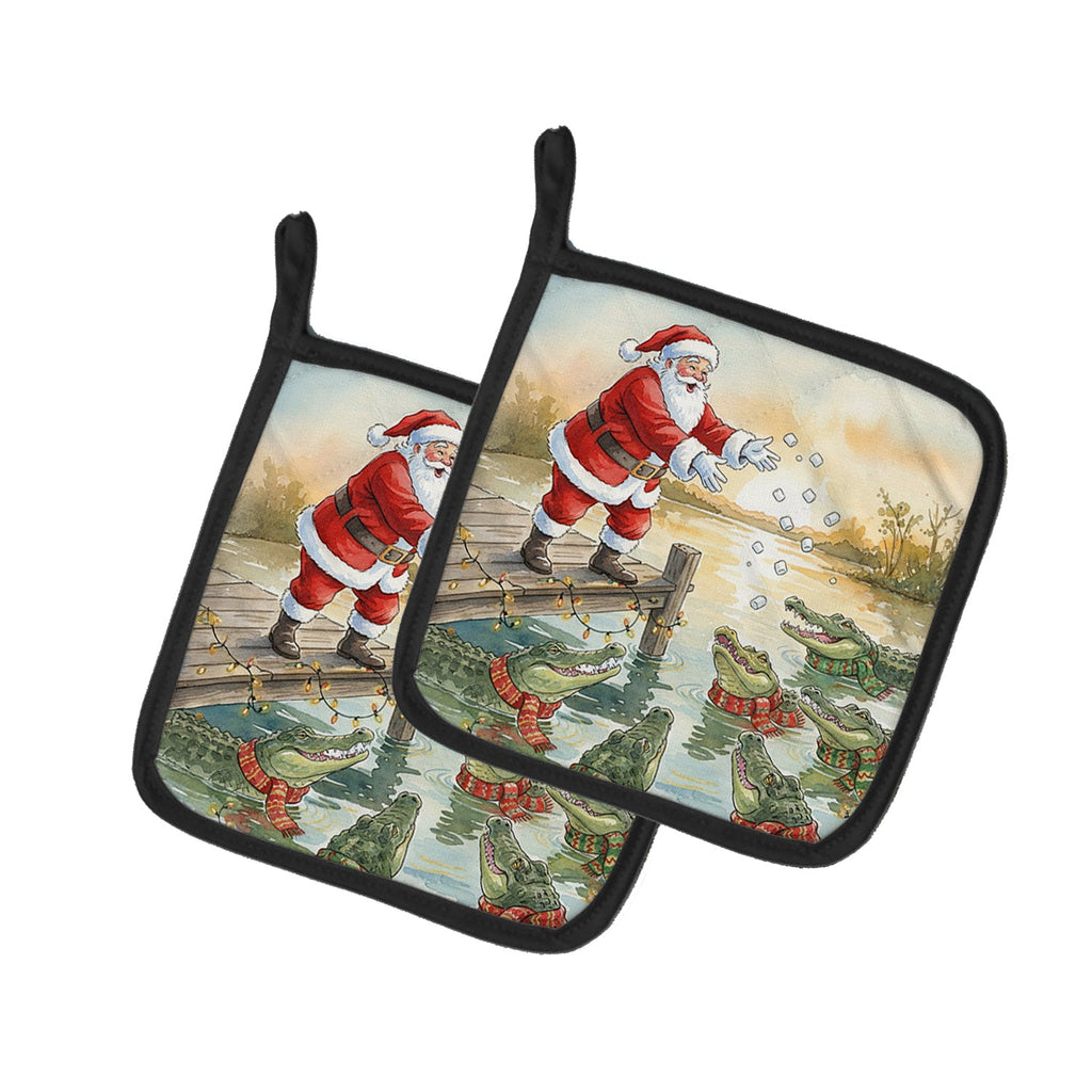 Cajun Santa Claus Feeding the Gators Christmas Pot Holder Set of 2 Heat Resistant Quilted Hot Pads 7.5 x 7.5 Inch, Insulated Kitchen Trivets for Cooking & Baking