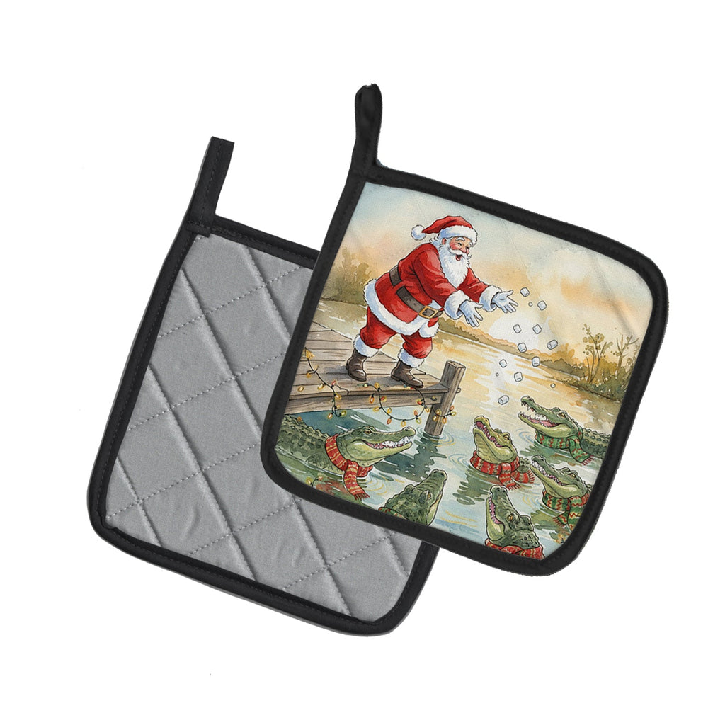 Cajun Santa Claus Feeding the Gators Christmas Pot Holder Set of 2 Heat Resistant Quilted Hot Pads 7.5 x 7.5 Inch, Insulated Kitchen Trivets for Cooking & Baking