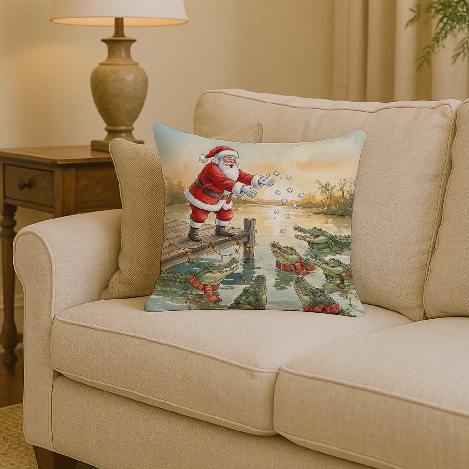 Cajun Santa Claus Feeding the Gators Christmas Decorative Throw Pillow 14x14 Indoor Outdoor Accent Cushion, Fabric Cover with Insert for Sofa, Bed, Porch & Living Room