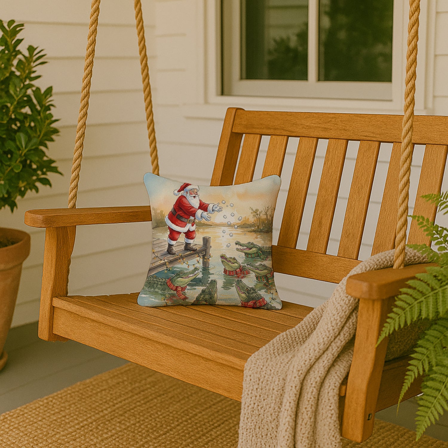 Cajun Santa Claus Feeding the Gators Christmas Decorative Throw Pillow 14x14 Indoor Outdoor Accent Cushion, Fabric Cover with Insert for Sofa, Bed, Porch & Living Room