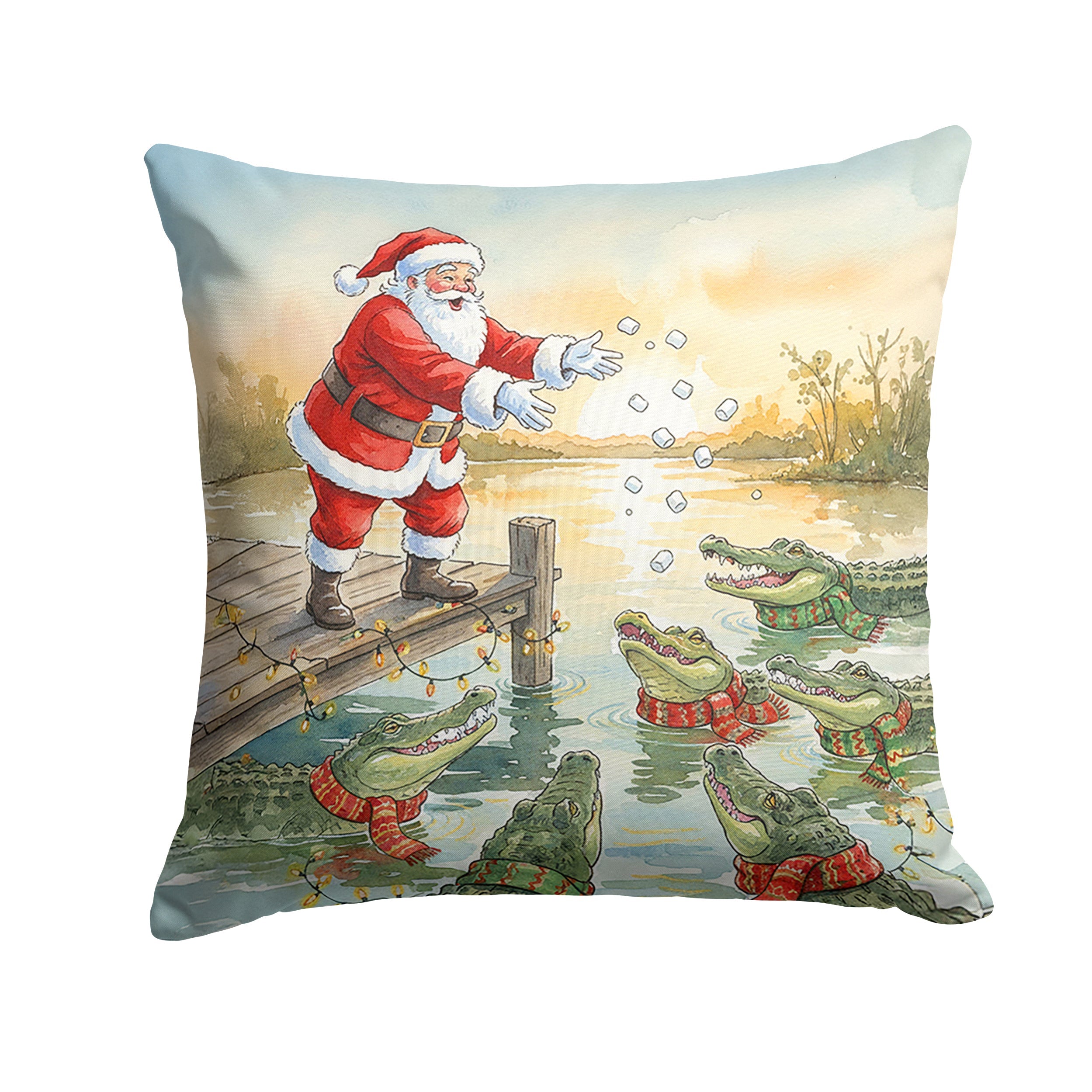 Cajun Santa Claus Feeding the Gators Christmas Decorative Throw Pillow 18x18 Indoor Outdoor Accent Cushion, Fabric Cover with Insert for Sofa, Bed, Porch & Living Room