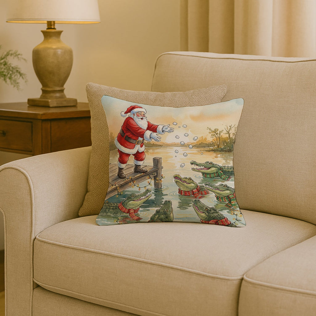 Cajun Santa Claus Feeding the Gators Christmas Decorative Throw Pillow 18x18 Indoor Outdoor Accent Cushion, Fabric Cover with Insert for Sofa, Bed, Porch & Living Room