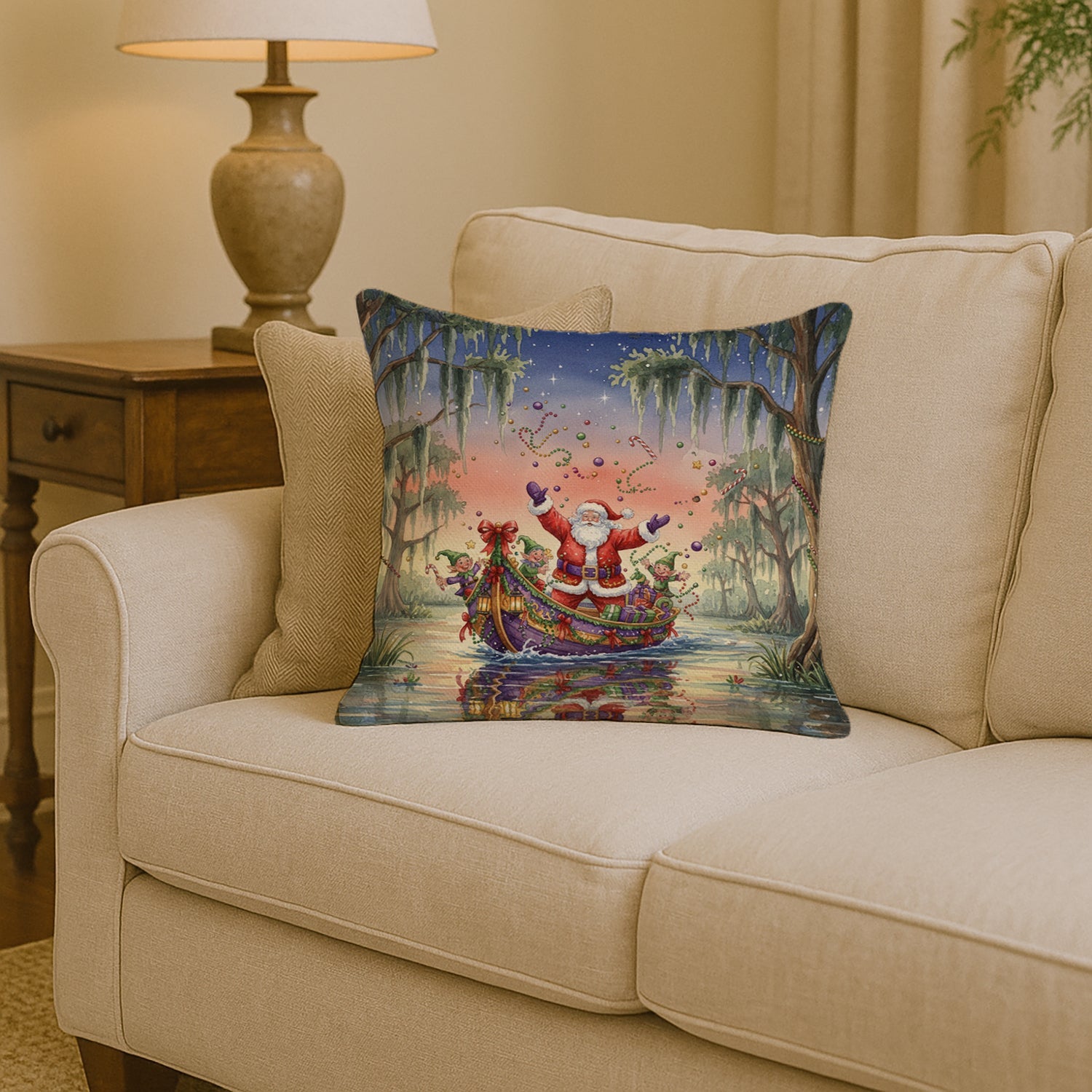 Cajun Santa Claus in the Bayou Christmas Parade Christmas Decorative Throw Pillow 14x14 Indoor Outdoor Accent Cushion, Fabric Cover with Insert for Sofa, Bed, Porch & Living Room