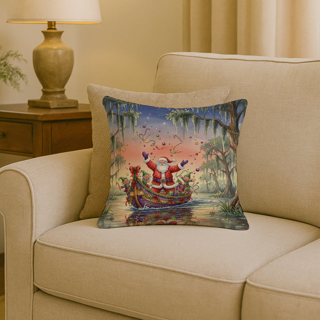 Cajun Santa Claus in the Bayou Christmas Parade Christmas Decorative Throw Pillow 18x18 Indoor Outdoor Accent Cushion, Fabric Cover with Insert for Sofa, Bed, Porch & Living Room