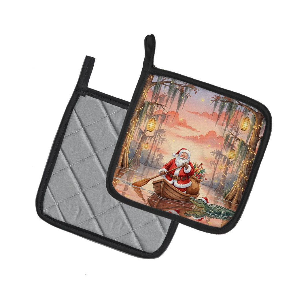 Cajun Santa Claus in the Pirogue Christmas Pot Holder Set of 2 Heat Resistant Quilted Hot Pads 7.5 x 7.5 Inch, Insulated Kitchen Trivets for Cooking & Baking