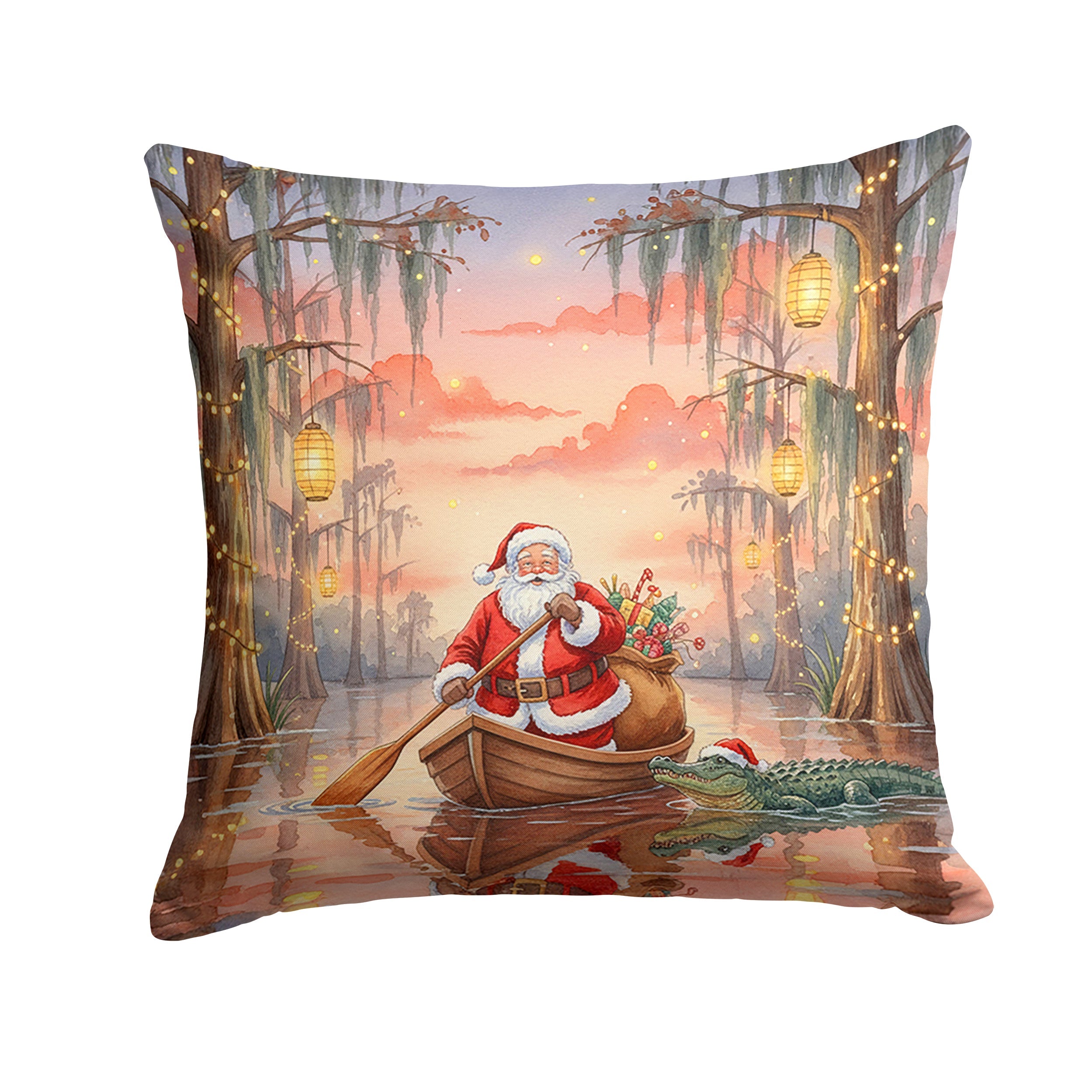 Cajun Santa Claus in the Pirogue Christmas Decorative Throw Pillow 14x14 Indoor Outdoor Accent Cushion, Fabric Cover with Insert for Sofa, Bed, Porch & Living Room
