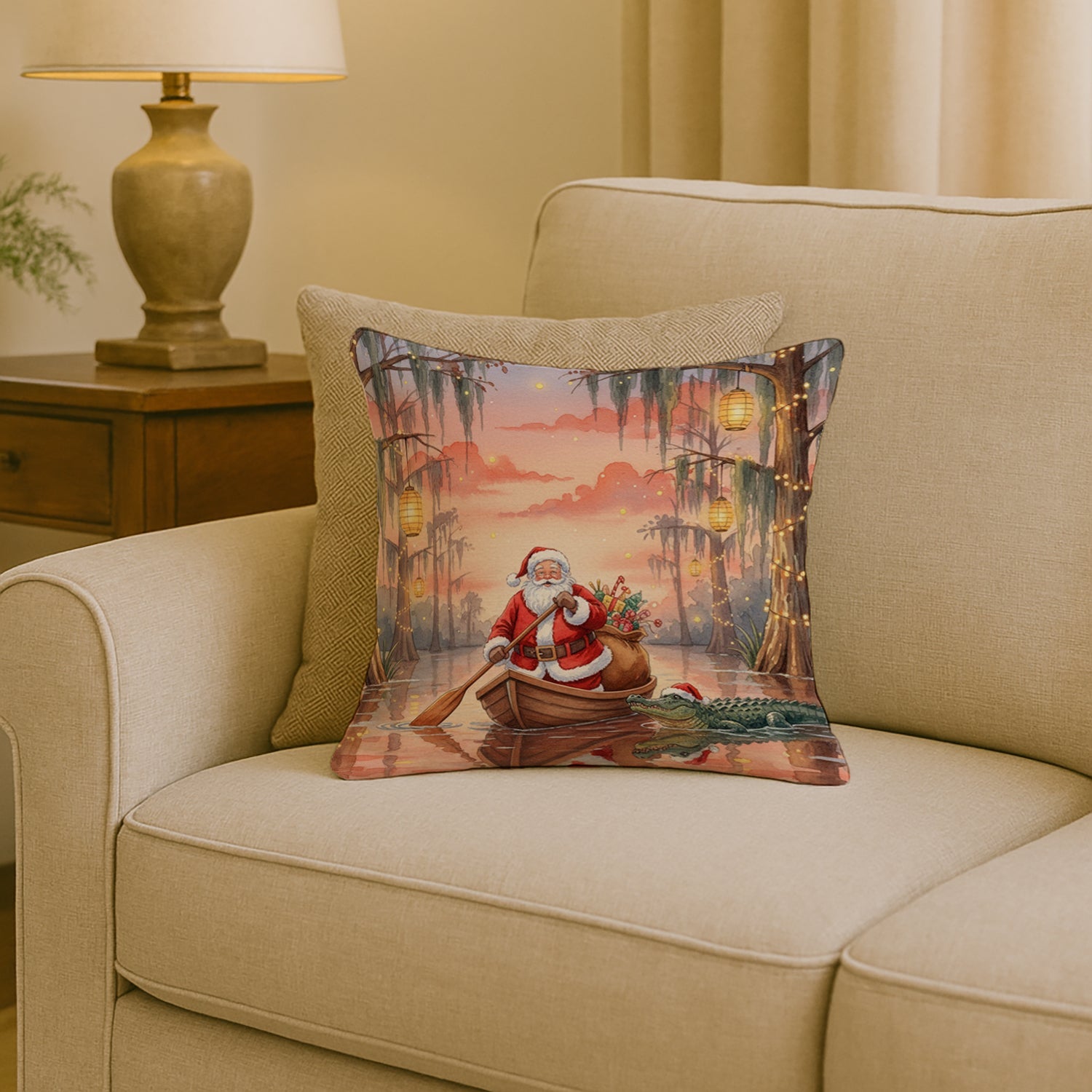Cajun Santa Claus in the Pirogue Christmas Decorative Throw Pillow 18x18 Indoor Outdoor Accent Cushion, Fabric Cover with Insert for Sofa, Bed, Porch & Living Room