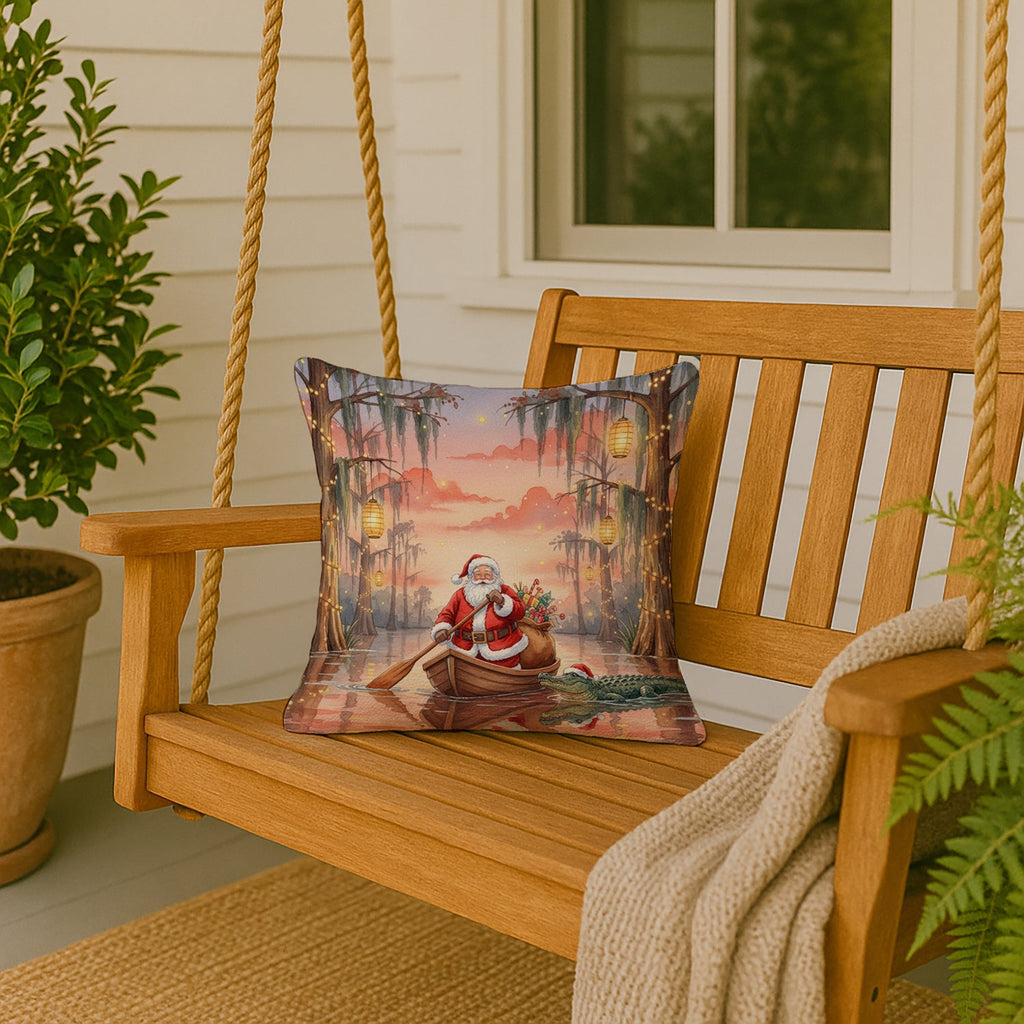 Cajun Santa Claus in the Pirogue Christmas Decorative Throw Pillow 18x18 Indoor Outdoor Accent Cushion, Fabric Cover with Insert for Sofa, Bed, Porch & Living Room