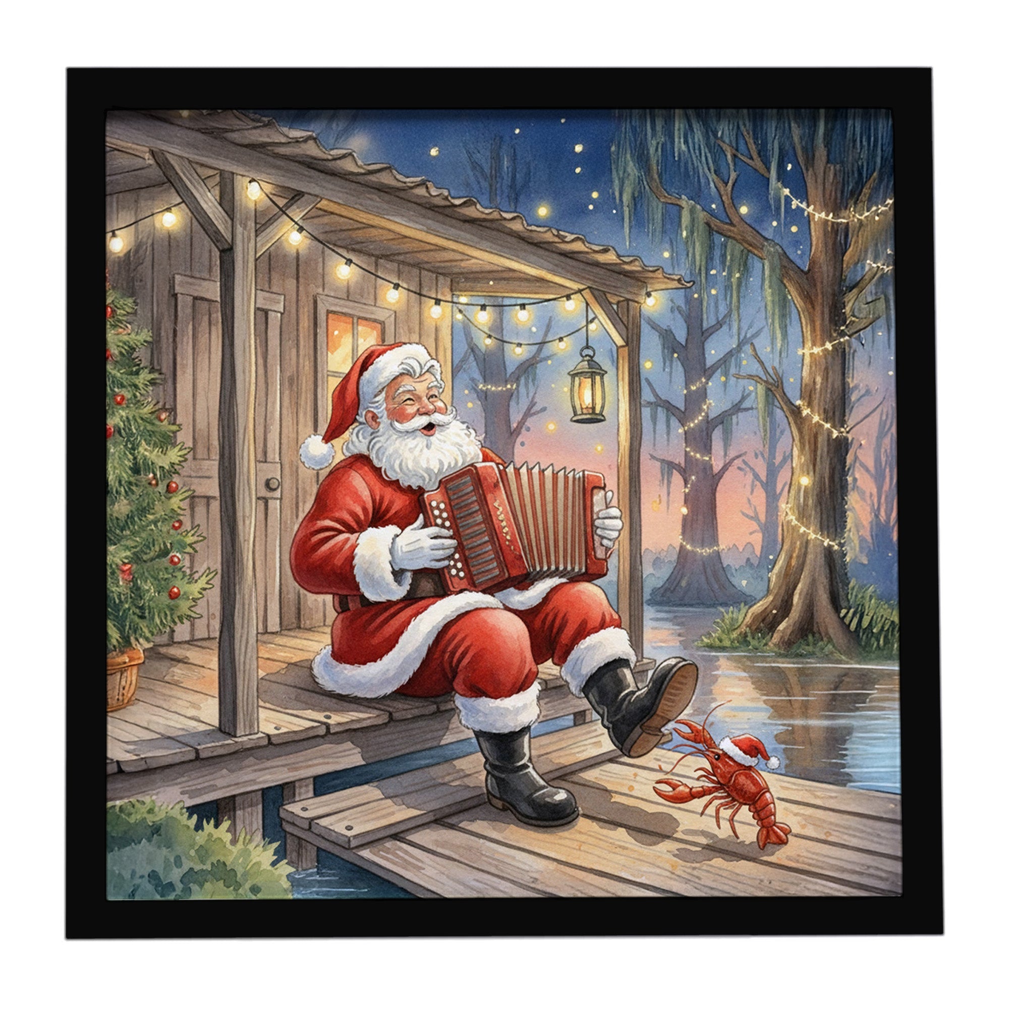 Cajun Santa Claus Playing Zydeco Christmas Framed Metal Print Bathroom, Kitchen, Office, Home Decor Wall Art Ready to Hang, Square, 8X8