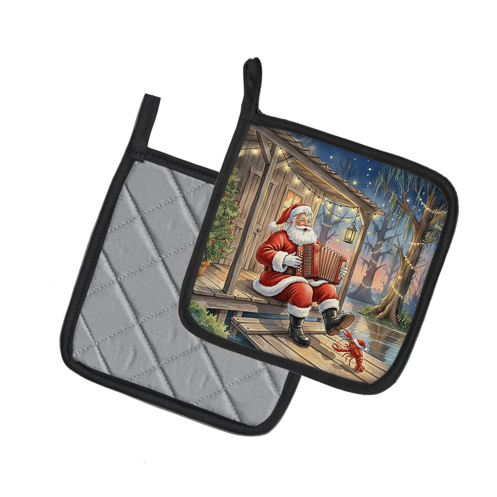 Cajun Santa Claus Playing Zydeco Christmas Pot Holder Set of 2 Heat Resistant Quilted Hot Pads 7.5 x 7.5 Inch, Insulated Kitchen Trivets for Cooking & Baking