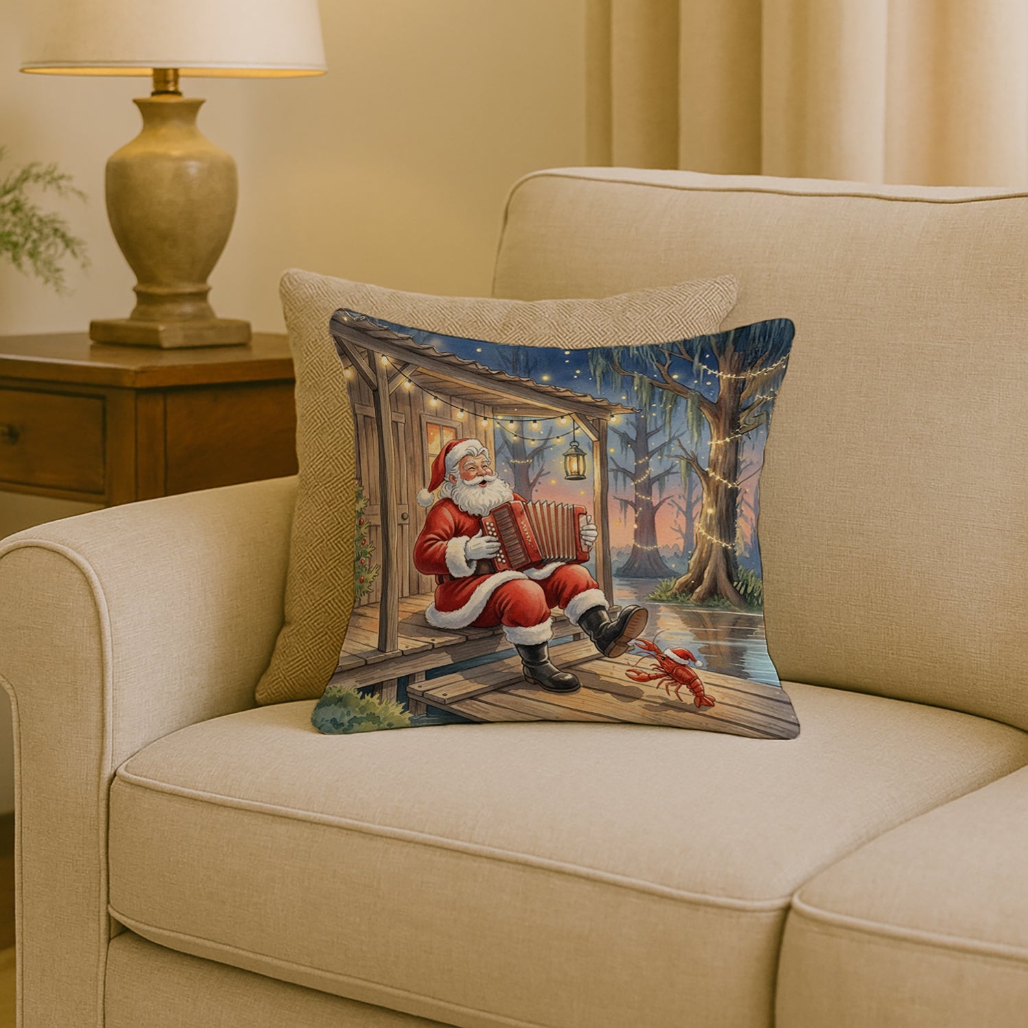 Cajun Santa Claus Playing Zydeco Christmas Decorative Throw Pillow 18x18 Indoor Outdoor Accent Cushion, Fabric Cover with Insert for Sofa, Bed, Porch & Living Room