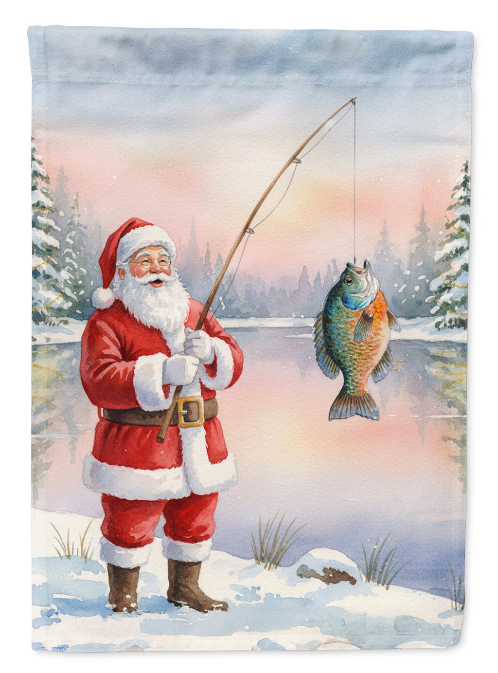 Fishing Santa Claus with Bluegill Christmas House Flag 28x40 Porch Sleeve Pole Decorative Outside Yard Banner Artwork Wall Hanging, Polyester