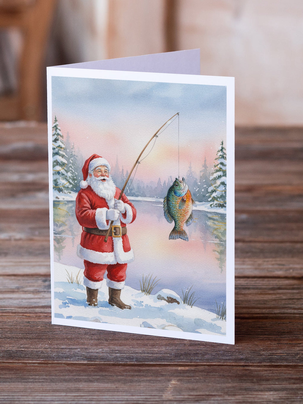 Fishing Santa Claus with Bluegill Christmas Greeting Cards Pack of 8 Blank Cards with Envelopes Whimsical A7 Size 5x7
