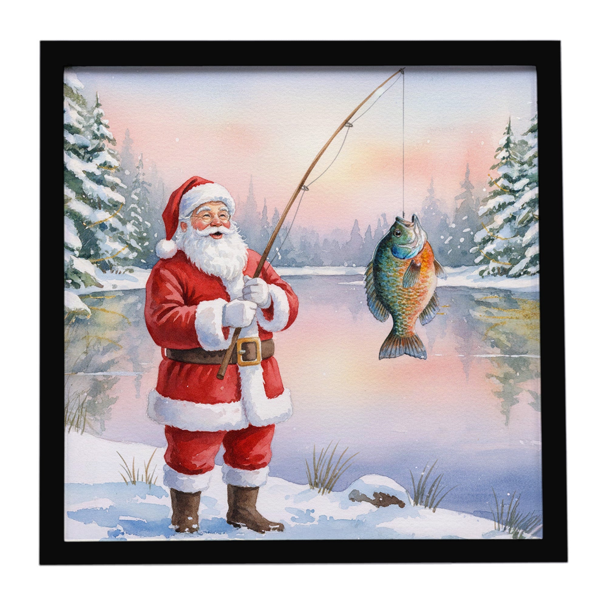 Fishing Santa Claus with Bluegill Christmas Framed Metal Print Bathroom, Kitchen, Office, Home Decor Wall Art Ready to Hang, Square, 8X8