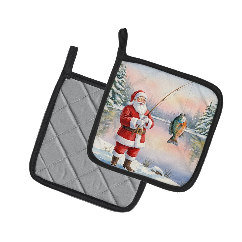 Fishing Santa Claus with Bluegill Christmas Pot Holder Set of 2 Heat Resistant Quilted Hot Pads 7.5 x 7.5 Inch, Insulated Kitchen Trivets for Cooking & Baking