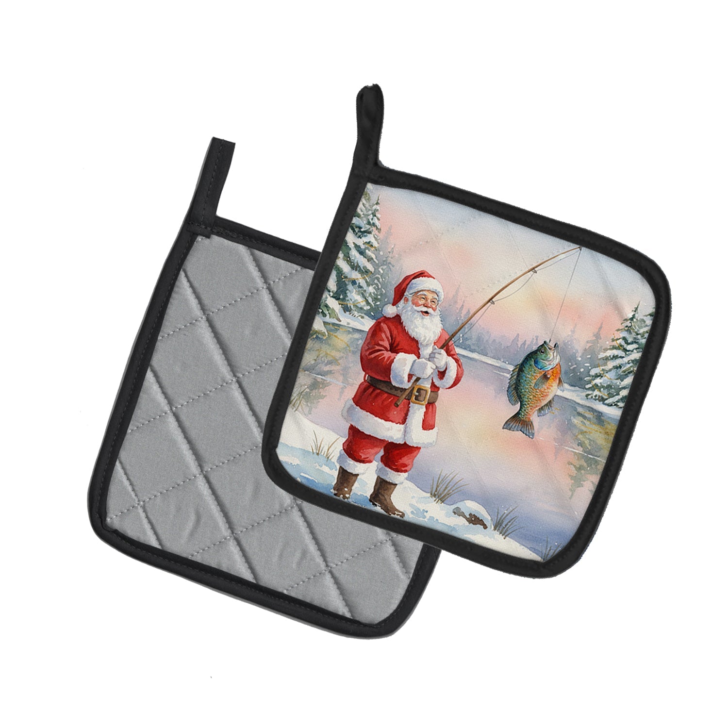 Fishing Santa Claus with Bluegill Christmas Pot Holder Set of 2 Heat Resistant Quilted Hot Pads 7.5 x 7.5 Inch, Insulated Kitchen Trivets for Cooking & Baking