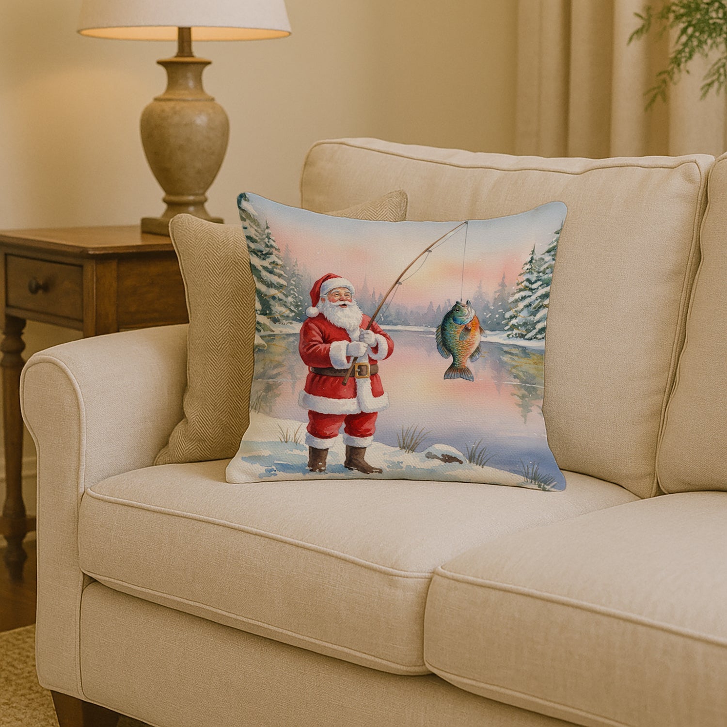 Fishing Santa Claus with Bluegill Christmas Decorative Throw Pillow 14x14 Indoor Outdoor Accent Cushion, Fabric Cover with Insert for Sofa, Bed, Porch & Living Room