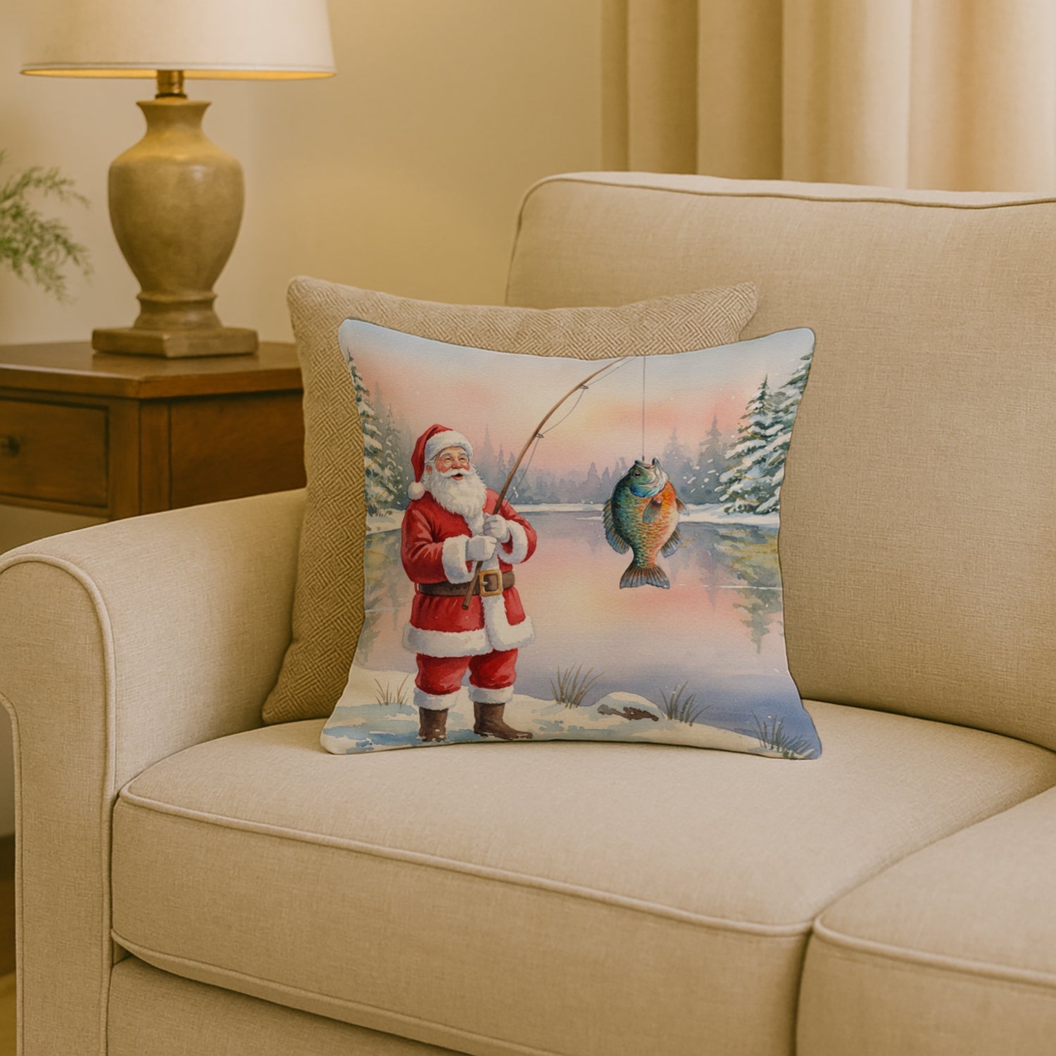 Fishing Santa Claus with Bluegill Christmas Decorative Throw Pillow 18x18 Indoor Outdoor Accent Cushion, Fabric Cover with Insert for Sofa, Bed, Porch & Living Room