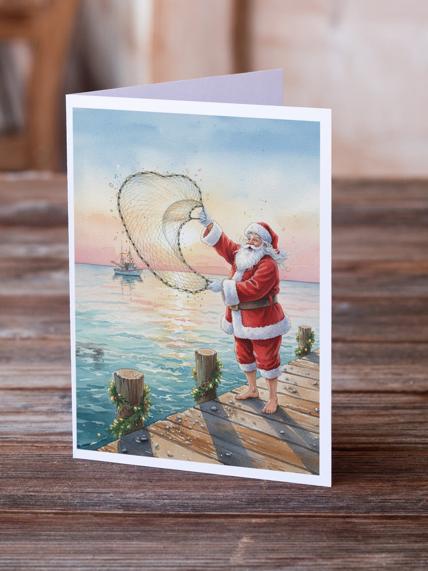 Fishing Santa Claus with Castnet Christmas Greeting Cards Pack of 8 Blank Cards with Envelopes Whimsical A7 Size 5x7