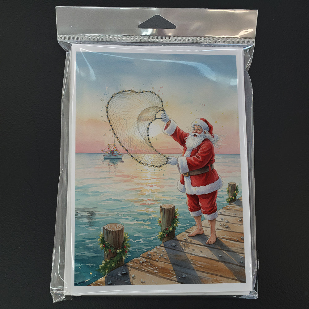 Fishing Santa Claus with Castnet Christmas Greeting Cards Pack of 8 Blank Cards with Envelopes Whimsical A7 Size 5x7