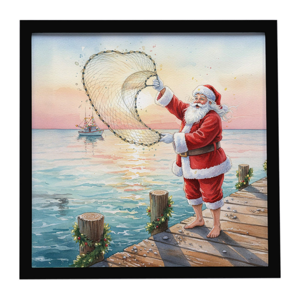 Fishing Santa Claus with Castnet Christmas Framed Metal Print Bathroom, Kitchen, Office, Home Decor Wall Art Ready to Hang, Square, 8X8