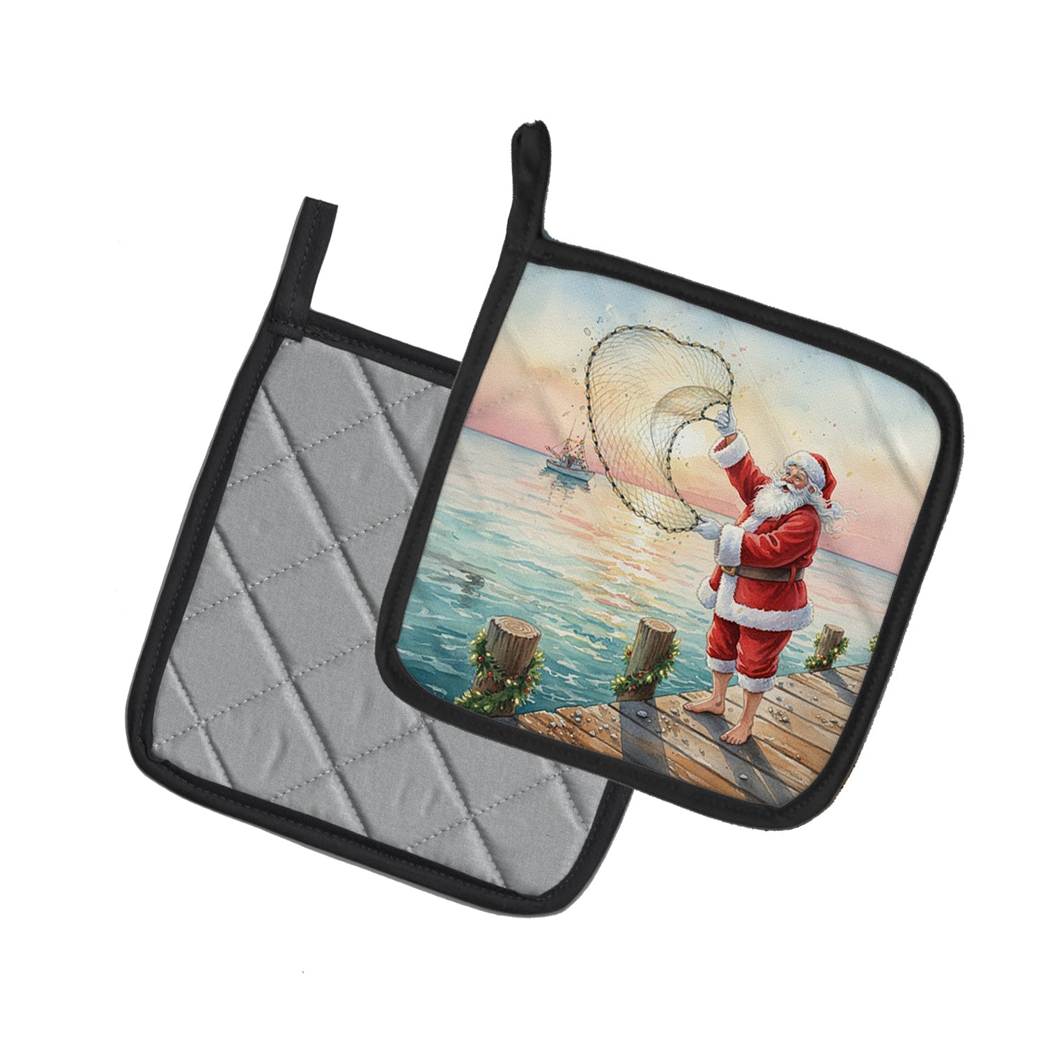 Fishing Santa Claus with Castnet Christmas Pot Holder Set of 2 Heat Resistant Quilted Hot Pads 7.5 x 7.5 Inch, Insulated Kitchen Trivets for Cooking & Baking