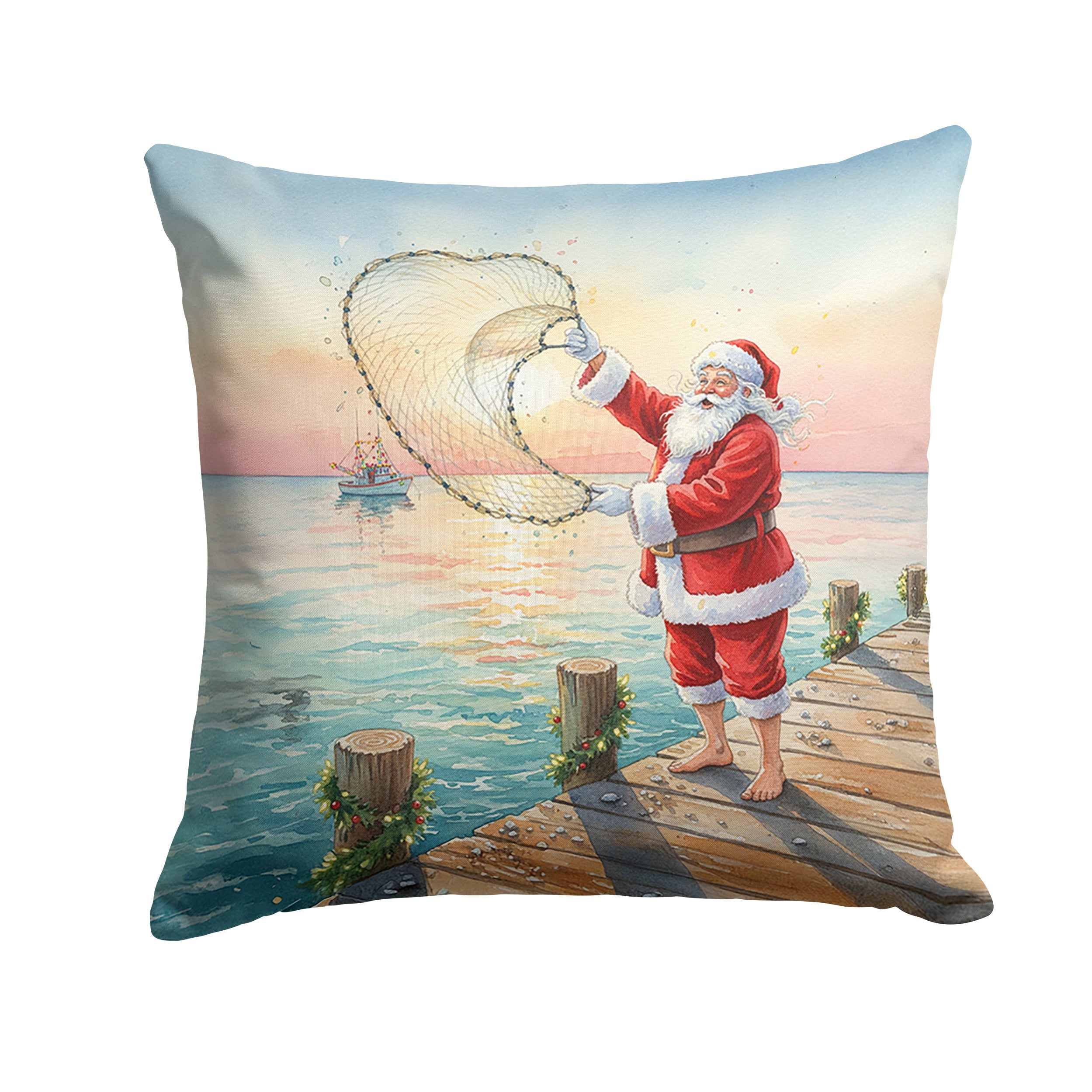Fishing Santa Claus with Castnet Christmas Decorative Throw Pillow 14x14 Indoor Outdoor Accent Cushion, Fabric Cover with Insert for Sofa, Bed, Porch & Living Room