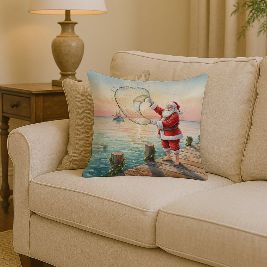 Fishing Santa Claus with Castnet Christmas Decorative Throw Pillow 14x14 Indoor Outdoor Accent Cushion, Fabric Cover with Insert for Sofa, Bed, Porch & Living Room